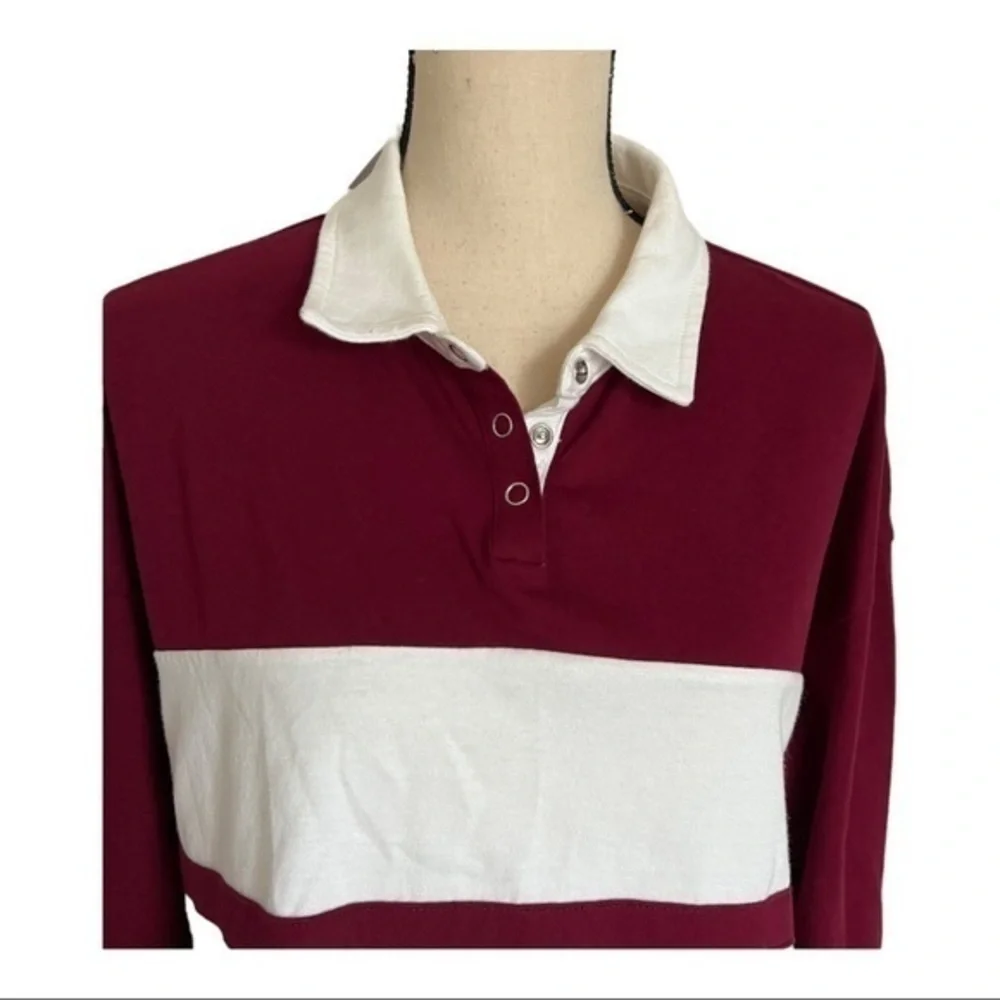 Forever 21 Contrast Panel Polo Neck Burgundy White Cropped Sweatshirt Size L - Picture 5 of 5